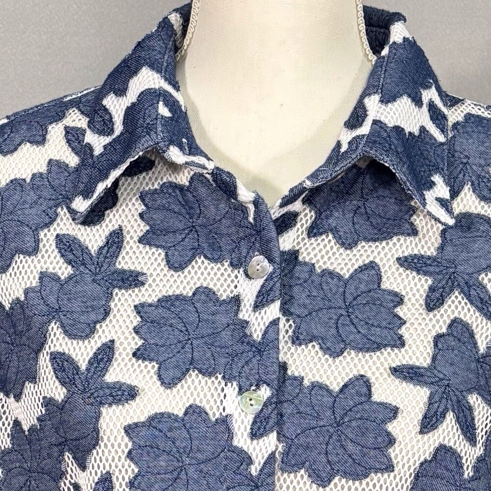 Alfred Dunner Mesh Overlay Button-Up Shirt Petite XL Blue Bayou Floral Appliqués - Picture 4 of 7